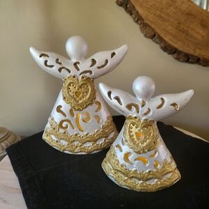 Lot of 2 Ceramic Light Up White Gold Angels Christmas Battery Run Handpainted